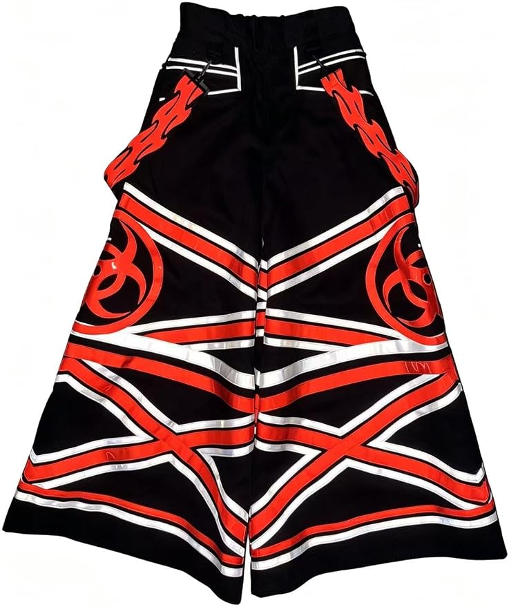 Very wide black rave pants with red and white shiny stripes.