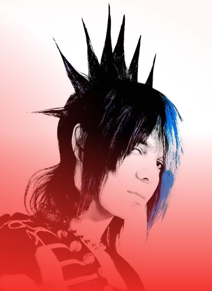 RomancePlanet looking over his shoulder. His hair stands up in tall black spikes, with a bright blue streak on one side.